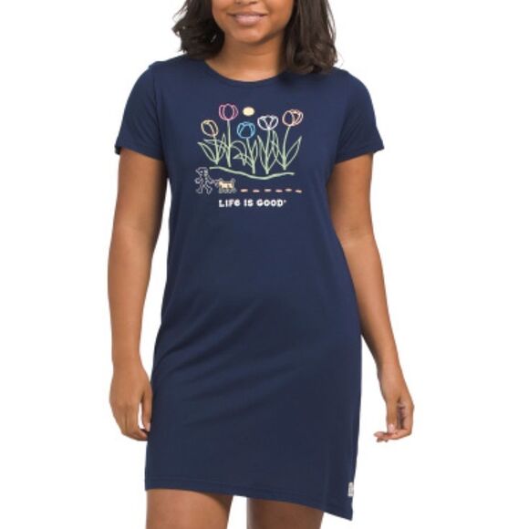 Life is good SM Navy Short Sleeve Tulip Graph Lightweight Sleep Gown Dress - Picture 1 of 12
